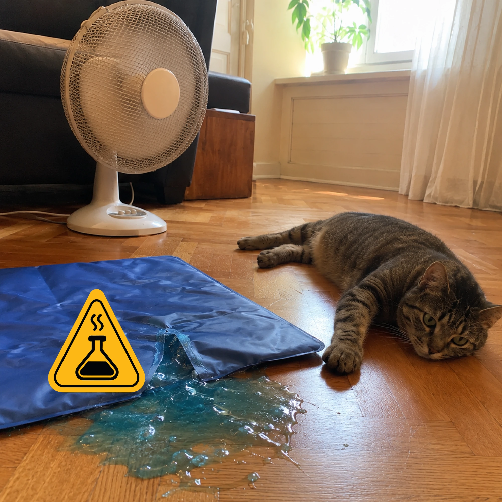 Un chat cherche l'endroit le plus frais par une journée chaude, à côté d'un tapis rafraîchissant en gel qui a fui