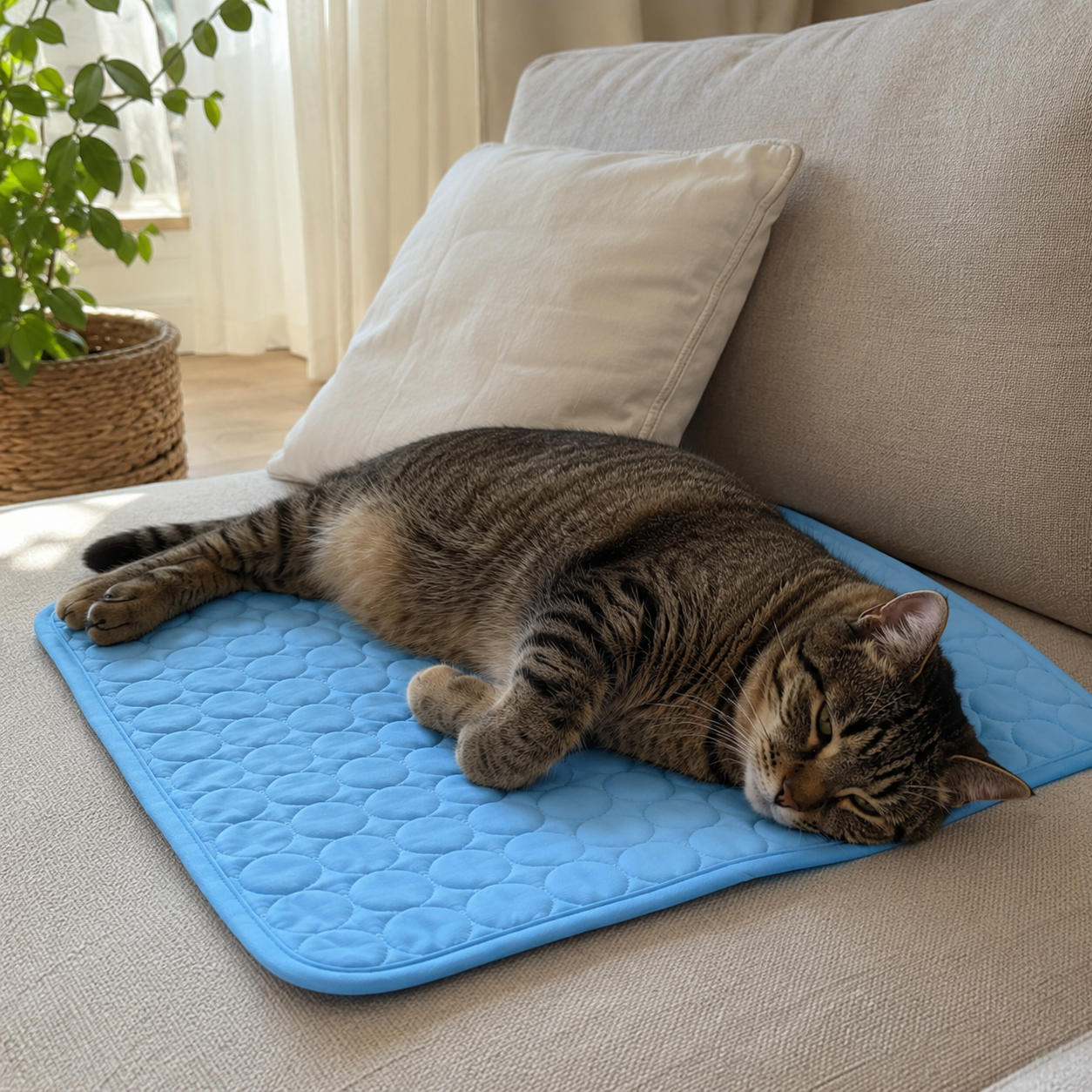 Un chat allongé et détendu sur le tapis rafraîchissant Florelya bleu