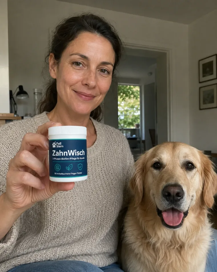 Kundin hält ZahnWisch Dose neben ihrem Golden Retriever