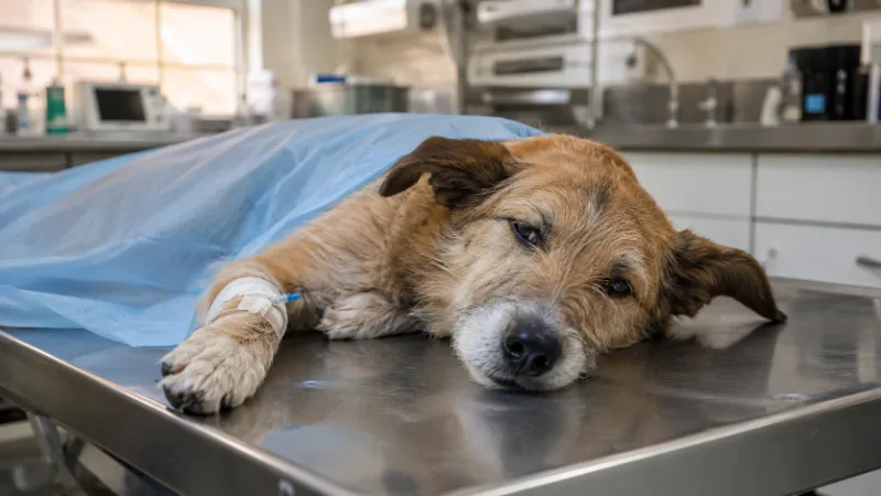 Benommener Hund nach der Narkose auf dem Behandlungstisch