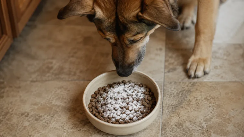 Hund beschnuppert Futter mit Dentalpulver