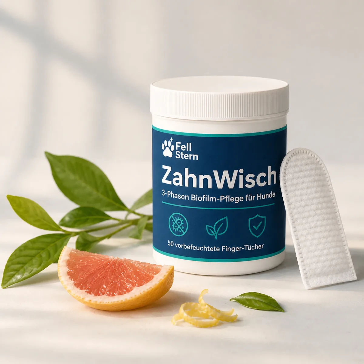 ZahnWisch Dose mit Finger-Tuch, Grapefruit, Teeblättern und Zitronenzesten