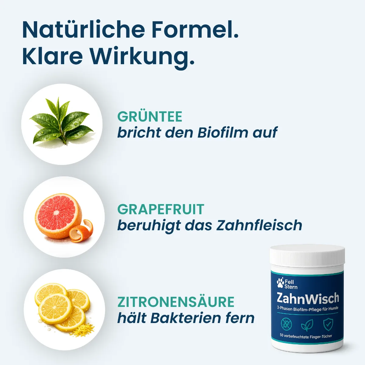 Natürliche Formel, klare Wirkung: Grüntee bricht den Biofilm auf, Grapefruit beruhigt das Zahnfleisch, Zitronensäure hält Bakterien fern