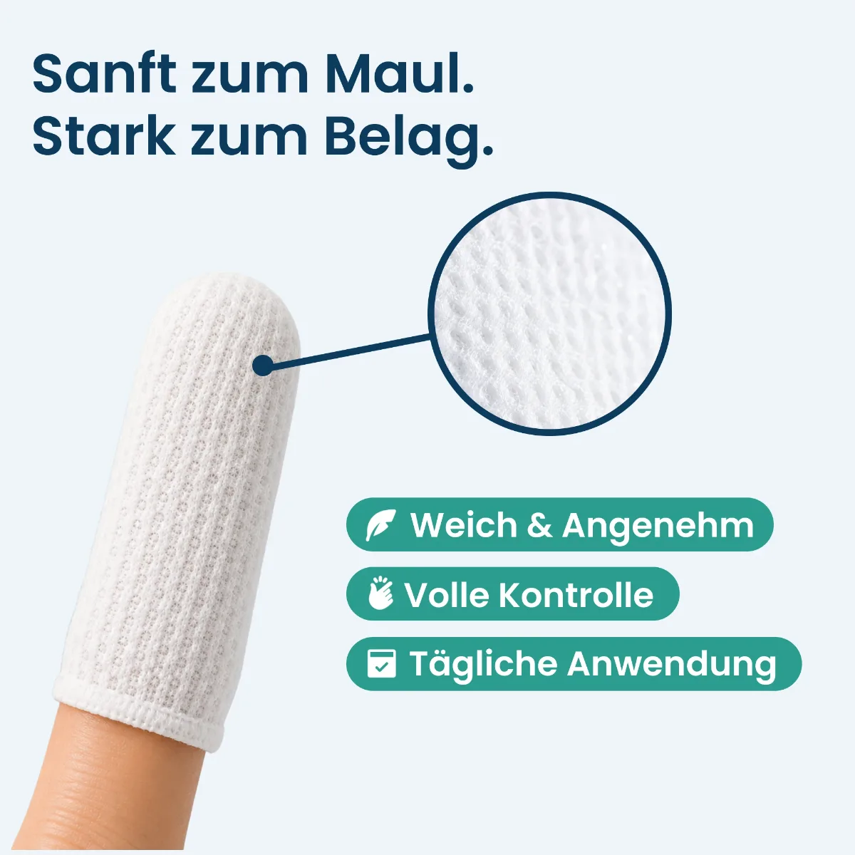 Finger-Tuch mit texturierter Oberfläche in Nahaufnahme: weich und angenehm, volle Kontrolle, tägliche Anwendung