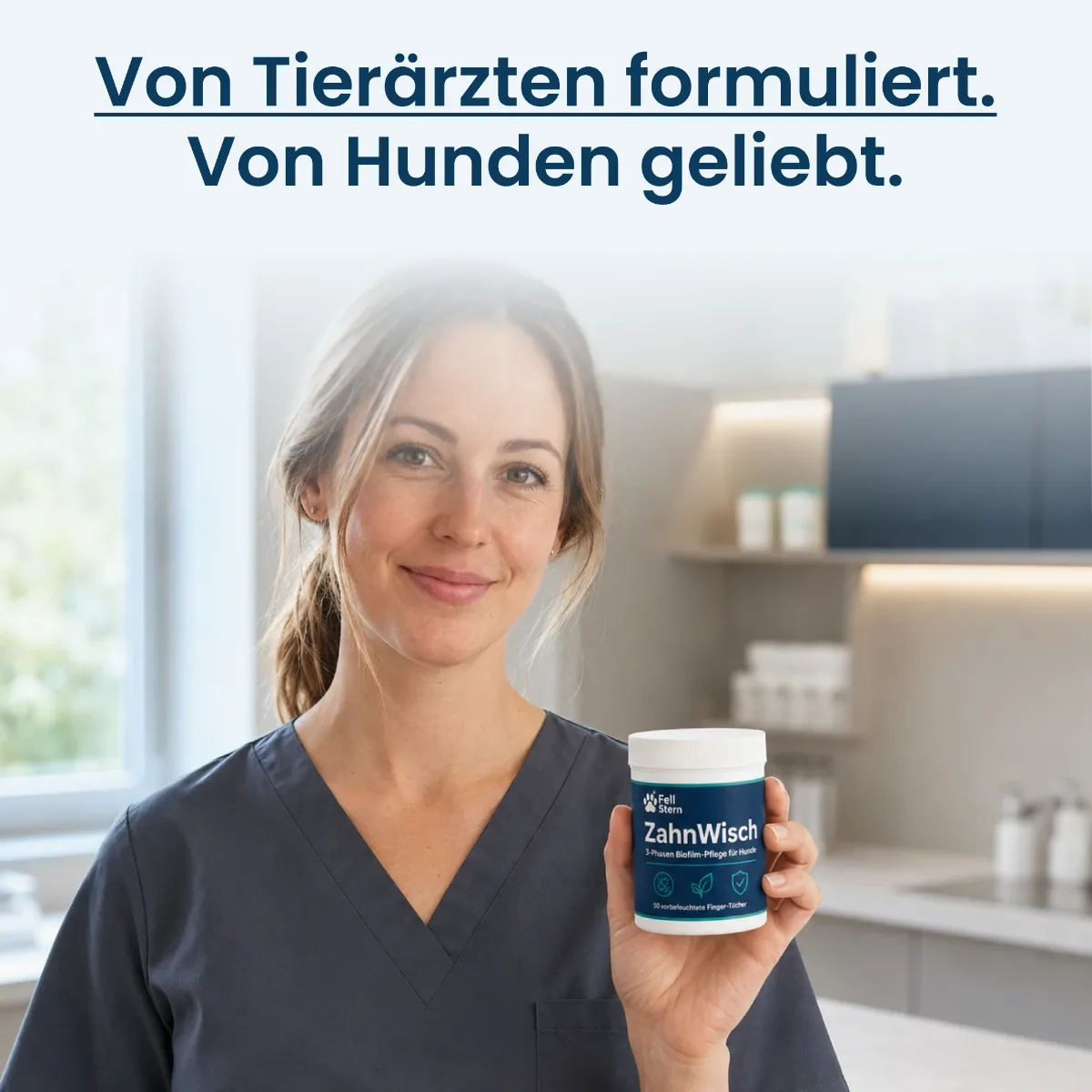 Tierärztin in der Praxis hält eine Dose ZahnWisch: von Tierärzten formuliert, von Hunden geliebt