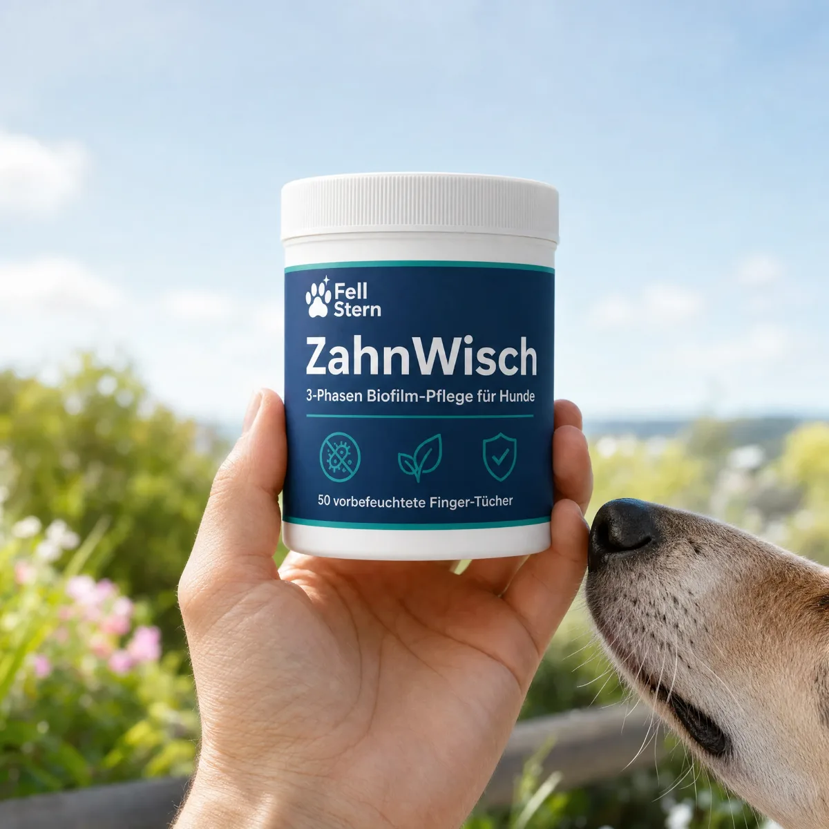 Hand hält die ZahnWisch Dose im Freien, ein Hund schnuppert neugierig daran