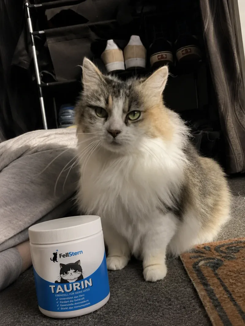 Katze mit einer Dose FellStern Taurin