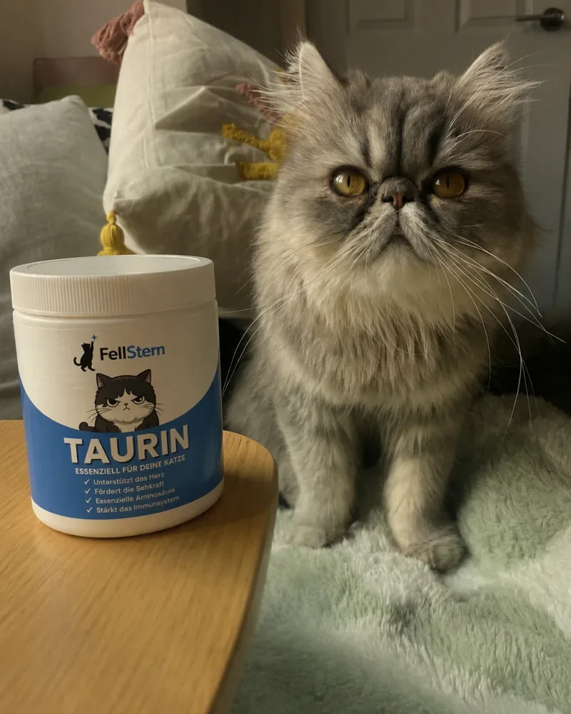 Katze mit einer Dose FellStern Taurin