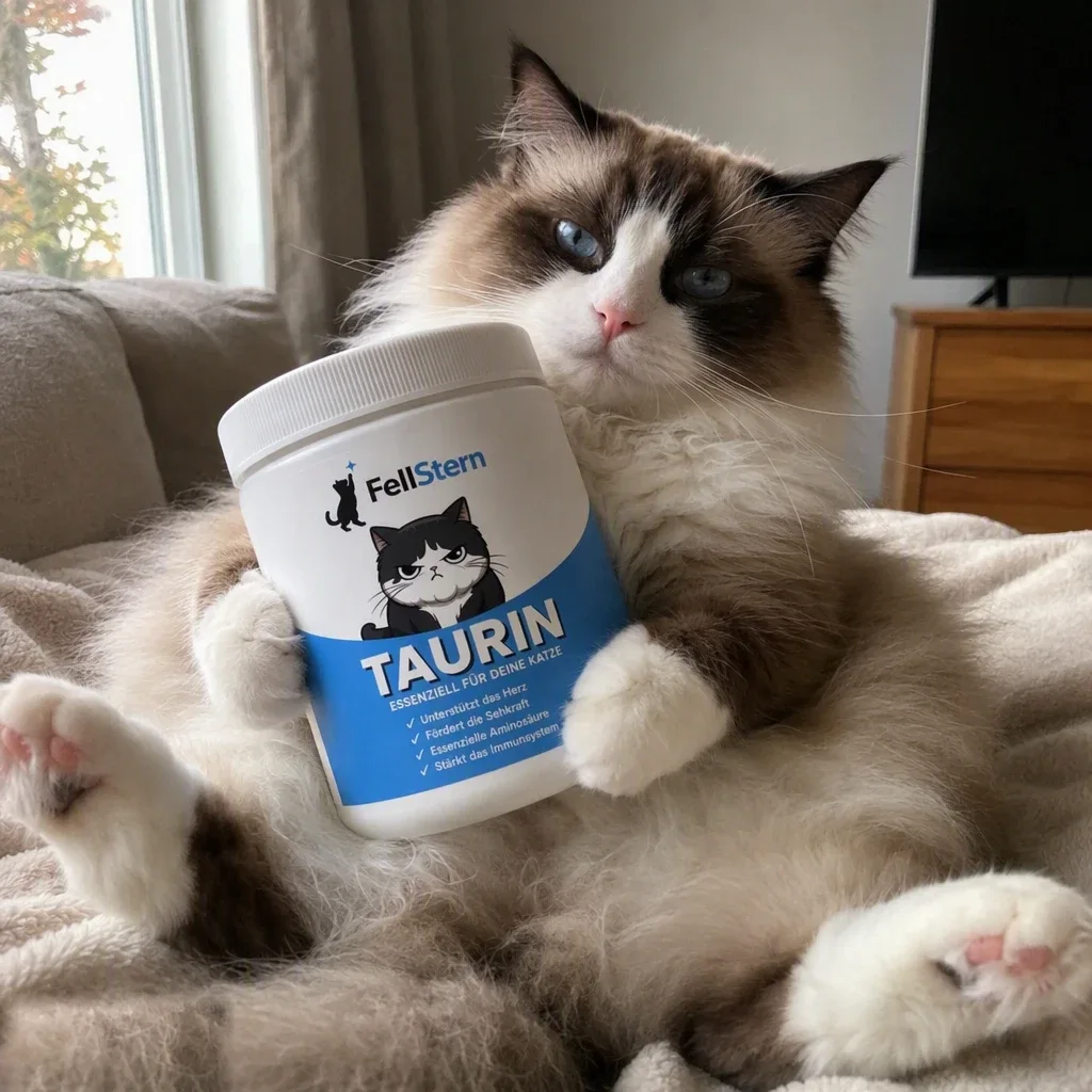 Eine Katze hält eine Dose FellStern Taurin im Arm